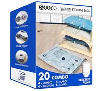 SUOCO Bolsas al Vacío Ropa, Juego de 20 Bolsas (4J + 4L + 6M + 6S) con Bomba Eléctrica, Bolsas de Almacenaje al Vacío para Ropa y Edredones, Viaje y Hogar, Resistente y Reutilizable
