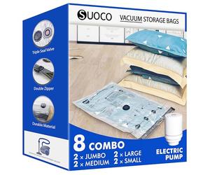 SUOCO Bolsas al Vacío Ropa, Juego de 8 Bolsas (2J + 2L + 2M + 2S) con Bomba Eléctrica, Bolsas de Almacenaje al Vacío para Ropa y Edredones, Viaje y Hogar, Resistente y Reutilizable