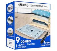 SUOCO Bolsas al Vacío Ropa, Juego de 9 Bolsas (3J + 3L + 3M) con Bomba de Mano, Bolsas de Almacenaje al Vacío para Ropa y Edredones, Viaje y Hogar, Resistente y Reutilizable