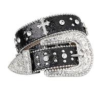 SUOSDEY Cinturón de diamantes de imitación para mujer, cinturón de cuero con tachuelas para jeans de vestir, cinturón de vaquero occidental brillante, 07-gloss Black Cross, S