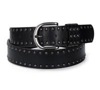 SUOSDEY Cinturones de cuero con remaches para mujer, pantalones vaqueros, vestidos, cinturones de cuero con tachuelas y hebilla plateada, 1-negro, Fit waist 40"-45"