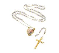 Supcare Cadena Rosario Hombre Mujer con Foto Personalizada Collar Rosario Acero Inoxidable Colgante Cruz Jesucristo Oro 18K Cuentas Blancas Collar Religioso Católico Oración Rezo Misa