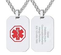Supcare Colgante Grabado Hombre Collar Medical Cruz Roja Alerta Médica Collar Chapa Plateado Acero Inoxidable 316L para Enfermedades Urgentes Socorro Tabla Militar Personalizado Nombres Textos