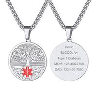 Supcare Colgante Medical Personalizado Hombre Acero Inoxidable 316L Medalla Arbol de Vida Collar Grabado Cruz Roja Alerta Médica para Enfermedades Urgentes Socorro Nombres Textos