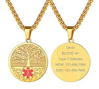 Supcare Collar Alerta Médica Personalizado Acero Inoxidable 316L Hombre Colgante Personalizado Medical Socorro Medalla Dorada Arbol de Vida con Nombres Personalizados para Enfermos Ancianos