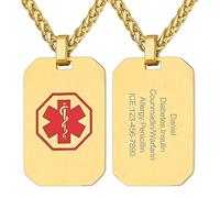 Supcare Collar Chapa Militar Acero Inoxidable 316L Hombre Colgante Personalizado Cruz Roja Medical Socorro Placa Dorada con Nombres Personalizados para Enfermos Ancianos