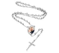 Supcare Collar Foto Personalizada Cadena Rosario Hombre Mujer Acero Inoxidable Cuentas Metálicas Medalla Imagen Personalizada con Colgante Crucifijo Collar Rosario Largo Rezo Regalo Misa