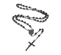 Supcare Collar Rosario Negro Cadena Rosario Hombre Acero Inoxidable Medalla San Crostóbal con Colgante Crucifijo Collar Rosario Largo Rezo Regalo Misa Rezo