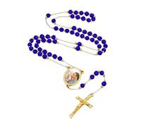 Supcare Collar Rosario Oro 18K Hombre Mujer Acero Inoxidable Cuentas Azules Medalla Foto Personalizada con Colgante Cruz Cristiano Cadena Rosario Joyería Religiosa Padre Madre