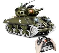 Supdex Tanque RC 1:18, tanque de metal US M4A3 Sherman con control remoto que dispara bombas de agua y BBS, vehículo RC de 2.4 GHz, juguetes militares con humo y luces