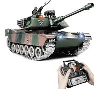 Supdex Tanque RC M1A2 Abrams 1:18 aleación de metal, modelo de control remoto con humo, sonido y luces 2.4 GHz, vehículo RC que dispara BBS y bombas de agua