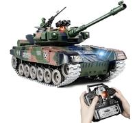 Supdex Tanque RC T-90 de aleación de metal 1:18, modelo de juguetes del ejército con humo, sonido y luces, vehículo RC que dispara bombas de agua y BBS