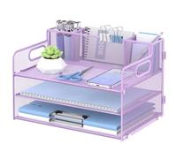 SUPEASY 3 Tier Desk Organizer with Handle & 3 Pen Holders, Mesh Paper/File Organizer for Desk, Paper Letter Tray Organizer for Office Supplies (Light Purple)