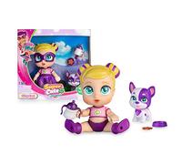 SUPER CUTE LITTLE BABIES - Mini Glitzy Cool with Puppy, Muñeca Superheroína bebé en versión Mini de 12 cm, con su Disfraz y su Perrito Mascota y Accesorios como un biberón, Famosa (UPU04000)