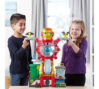 Super Hero Adventures Playskool Heroes Marvel Iron Man Headquarters Playset, Iron Man y Hulk figuras de acción de 2.5 pulgadas, vehículo, juguetes para niños a partir de 3 años