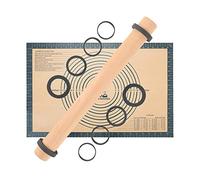 SUPER KITCHEN Rodillos de Amasar en Madera de Haya con 5 Discos Ajustables Anillo y Tapete de Silicona para Pastelería, Resistentes al Calor Tapetes para Amasar y Hornear (60 x 40 cm, Gris)