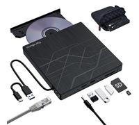 Súper Lector CD Externo, USB 3.0 Grabadora DVD Externa con Adaptador Ethernet RJ45, 2 Puertos para Tarjetas TF/SD y 3 Puertos USB, Unidad Externa CD DVD para PC Windows Linux Mac con Funda Portátil