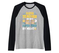 Super Maestro De Día Súper Cansado De Noche Superhéroes Escuela Camiseta Manga Raglan