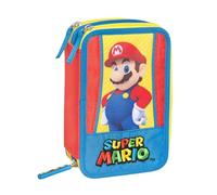 Super Mario - Estuche escolar oficial Super Mario, estuche con 3 compartimentos para niño y niña con juego de papelería, bolígrafo borrable azul y práctico cierre de cremallera, 20 x 13 x 7 cm