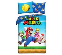 Halantex Super Mario con Luigi Toad Princess Daisy - Juego de ropa de cama con funda nórdica de 140 x 200 cm + funda de almohada de 70 x 90 cm - Reversible - 100% poliéster - Azul claro