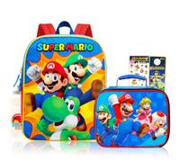Super Mario Juego de mochila y lonchera para niños, paquete escolar + más | Bolsa de almuerzo aislada y bolsa grande duradera de 40,6 cm con botella de agua, pegatinas, más suministros escolares de