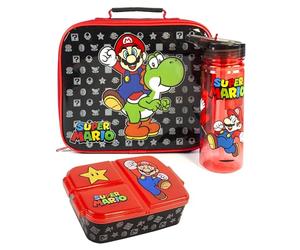 Super Mario Lunch Box Set for Kids | Yoshi Childrens School Food Bag, BPA Free Water Bottle 580ML & Snack Pot | Gamer Merchandise Gifts One Size