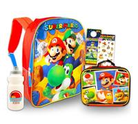 Super Mario Mochila con lonchera - Paquete con mochila de Mario, bolsa de almuerzo de Mario, calcomanías, botella de agua, más | Mochila Super Mario Bros para niños