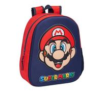 SUPER MARIO - Mochila Escolar, con Diseño 3D, Adaptable a Carro, Ideal para Niños de Diferentes Edades, Cómoda y Versátil, Calidad y Resistencia, 27x10x33 cm, Color Azul Marino/Rojo