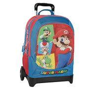 Super Mario - Mochila escolar con ruedas desmontable, ruedas reemplazables, asa ajustable, 2 compartimentos principales, bolsillo frontal, correas acolchadas, 34 x 52 x 22 cm, turquesa, 34x52hx22