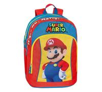 Super Mario - Mochila escolar oficial, con 2 amplios espacios centrales, gran bolsillo frontal, correas ajustables y acolchadas, parte trasera y fondo termoformados, 32 x 43 x 23 cm, azul y rojo
