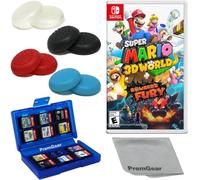 Super Mario - Mundo 3D + Bowser's Fury para Nintendo Switch, con empuñaduras para el pulgar PremGear (paquete de 8, negro, azul, rojo y transparente), soporte para tarjetas de juego de 24 ranuras y