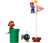 Nintendo Super Mario - Diorama Dehesa Bellotera con 3 Figuras 6 cm y 2 Accesorios Accionables - La Bandera y la Tubería son Accionables - Juguete para Niños 3 años +