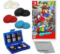 Super Mario Odyssey para Nintendo Switch (versión de EE. UU.), con empuñaduras para el pulgar PremGear (paquete de 8, negro, azul, rojo y transparente), soporte para tarjetas de juego de 24 ranuras y