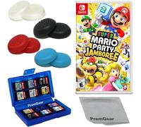 Super Mario Party Jamboree para Nintendo Switch (versión de EE. UU.), con empuñaduras para el pulgar PremGear (paquete de 8, negro, azul, rojo y transparente), soporte para tarjetas de juego de 24