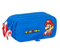 Super Mario Play - Portatodo Triple Big, Estuche Infantil, Estuche Niño, Ideal para Niños en Edad Escolar, Cómodo y Versátil, Calidad y Resistencia, 21.5x8x10 cm, Color Azul/Rojo
