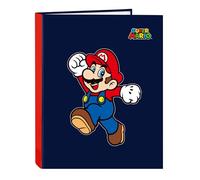 SUPER MARIO WORLD - Carpeta con Folios 4 Anillas, Ideal para Niños de Diferentes Edades, Cómoda y Versátil, Calidad y Resistencia, 26.5x33 cm, Color Azul marino