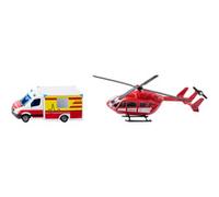 Siku 1748, Set de Servicio de Rescate, Helicóptero de Rescate y Ambulancia Mercedes Benz, Juguete para Niños, Metal/Plástico, Rojo/Blanco, Rotores Giratorios