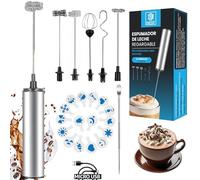 SUPER PACK Espumador de Leche USB Edición Deluxe + 6 Accesorios Inox + 16 Plantillas Decorativas | Batidor Potente para Café, Matcha, Capuchino, Huevos y Más | Varilla Extra Larga