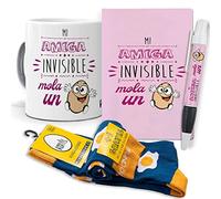 Super Regalo Personalizado para Amigo Invisible. Mi Amiga Invisible Mola un Huevo. Taza, libreta, boli y Trio de Calcetines