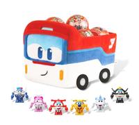 Super Wings Max Car Set - Coche de peluche rodante con 6 mini figuras | Coche de peluche rodante, juguete transformador de avión robot, ruedas rodantes móviles, material de felpa