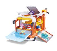 Super Wings Mini Base de Aventura con Dinosaurios con 2 Robots Dinosaurios de 5 cm, Juego transformable con Escena de Acampada para niños y niñas a Partir de 3 años.
