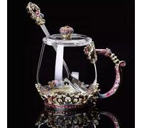 Supercap - Taza de café de cristal transparente con cuchara, juego de tazas de té hechas a mano con diseño de mariposa esmaltada, tazas de café para parejas (short+lid, 1pcs)