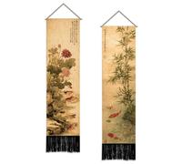 SUPERDANT 2 piezas Tapiz Koi chino colgante de pared vertical 130 x 33 cm bambú estrecho panel de poliéster para sala de estar dormitorio porche hombre cueva multicolor