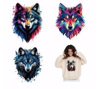 SUPERDANT 4 piezas/Set PET Lobo Cabeza de Lobo Pegatinas de Transferencia de Calor Animal Acuarela Parche de Planchado Pegatinas Lavable Papel de Transferencia de Calor para Ropa Camisetas Jeans