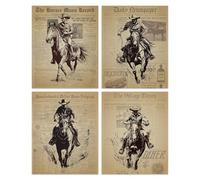 SUPERDANT 4 piezas Western Cowboy Wall Painting Picture Horse Riding Wall Prints Vintage Newspaper Oil Canvas Man Cave Decor sin marco 25 x 20 cm