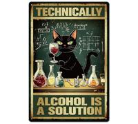SUPERDANT Alchol is a Solution - Letrero de lata de metal con diseño de gato negro, letrero de metal para gatos, letreros divertidos y placas de metal para decoración de pared de cocina, bares, pub y