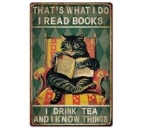 SUPERDANT Cartel de chapa con diseño de gatos, retro, vintage, decoración, hierro, pintura, cartel de metal, texto en alemán "Dies ist was ich tue Ich lese Bücher Ich trinke Tee und ich weiß Dinge