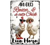 SUPERDANT Cartel de metal de hip hop con forma de gallina, divertido cartel de chapa de un gallo viejo un lindo pollito vive aquí placa de pared de metal vintage animales arte de pared póster para