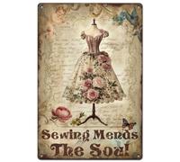 SUPERDANT Cartel de metal Sew Mends The Soul con vestido de flores, cartel de chapa, tema de vestido, cartel vintage de costura, cartel de chapa retro para el hogar, salón, jardín, habitación de niña