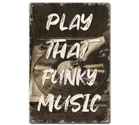 SUPERDANT Carteles de Metal con música Play That Funky Letrero de estaño retro cinta musical vintage arte de pared decoración retro divertida para sala de estar dormitorio bar club hombre 30x20cm